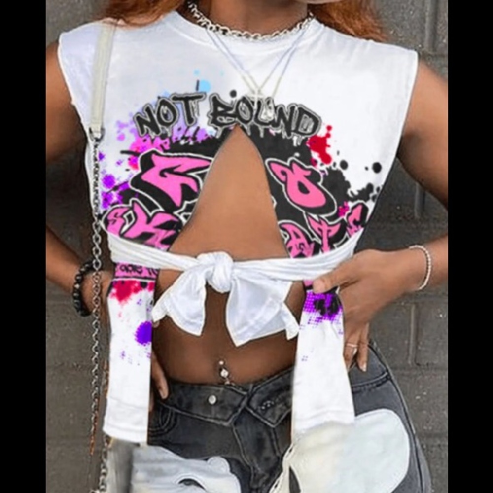 Graffiti Deep V Cami Sytle Crop Side Splits Front Cuts W/front Ties T-Shirt